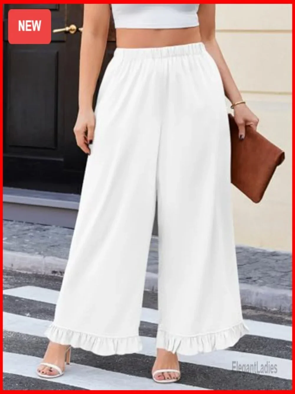 Plus Size High Waist Wide Leg Palazzo Pants with Pockets & Ruffle Hem